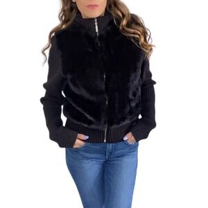 Guess Jean’s GLAMOUR Black Faux Fur Sweater Knit Zip Up Jacket Size M